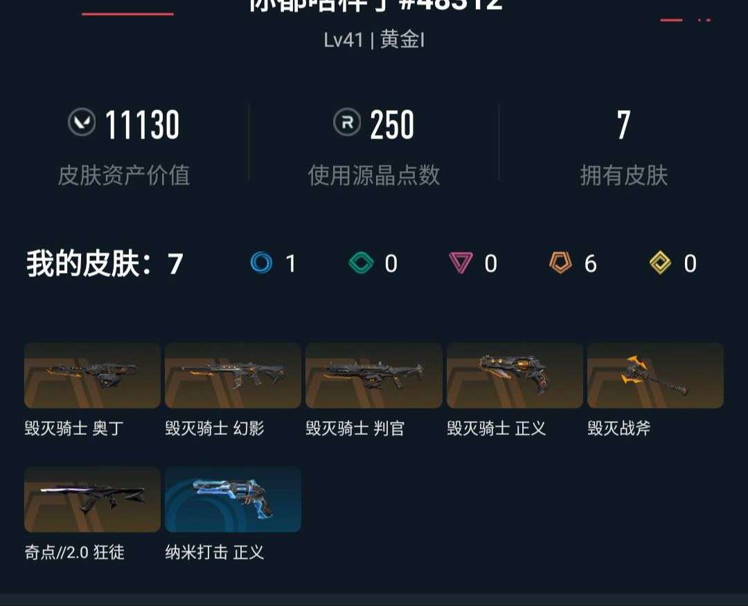 无畏契约账号QQ40122_41级/无畏点数:11130/源晶点数:250/皮肤数:7/紫装数:6/毁灭骑士 奥丁/